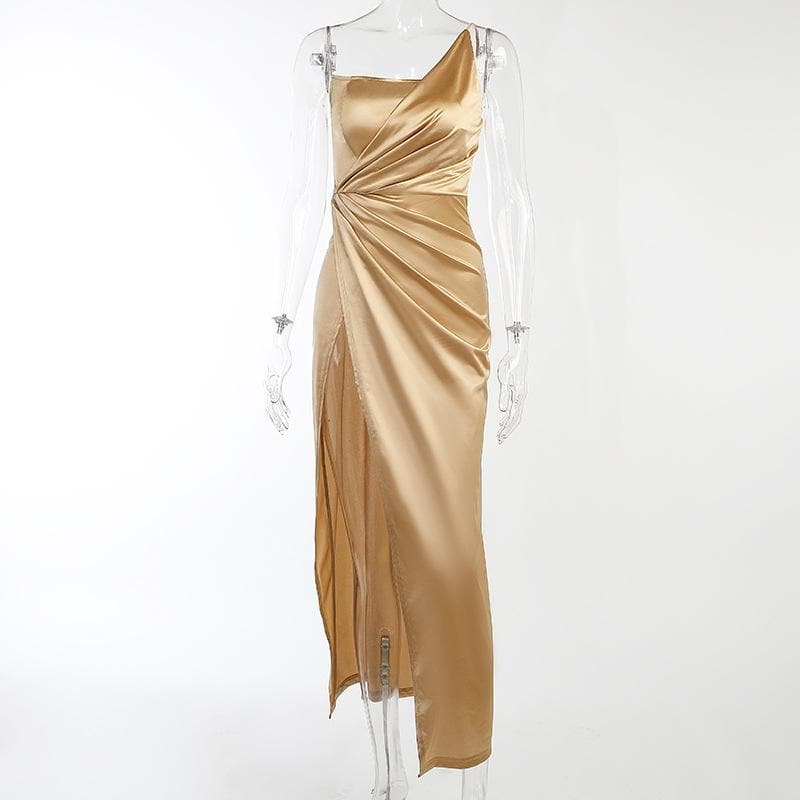 Sleeveless solid satin slit one shoulder ruched backless midi dress - View 2