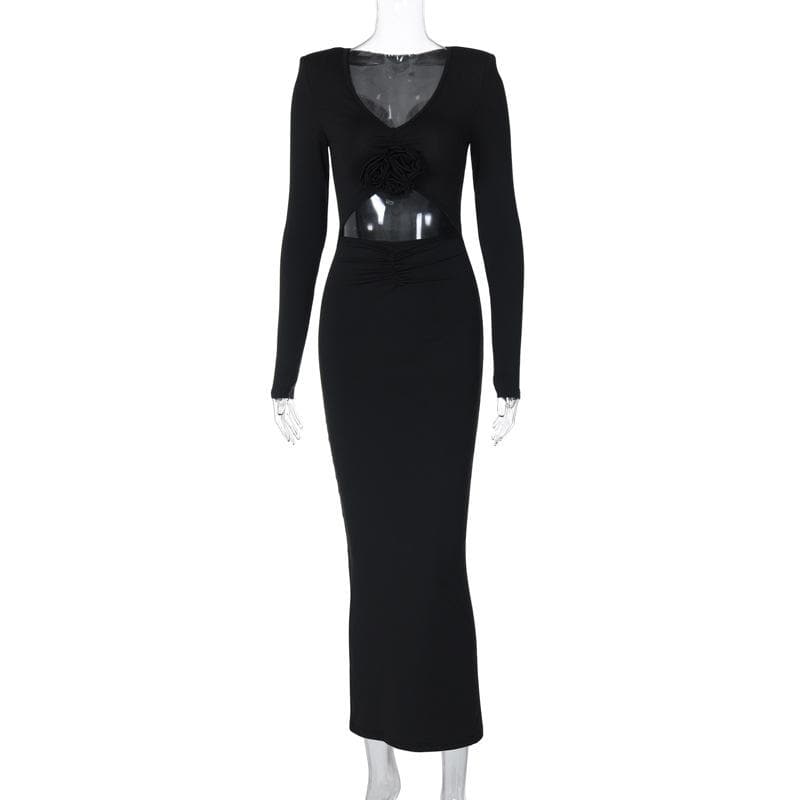 V-Neck Long Sleeve Flower Applique Cut Out Bodycon Maxi Dress - View 2