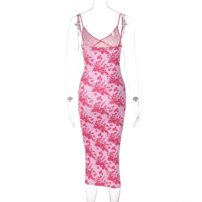 Floral Print Lace Trim V-Neck Spaghetti Strap Bodycon Midi Dress - View 5