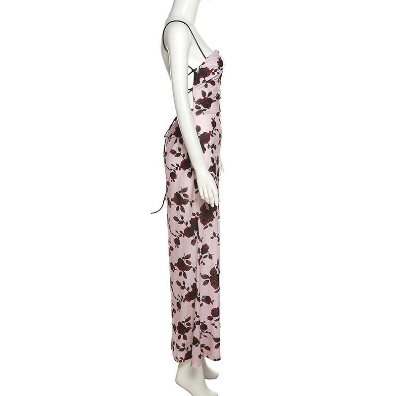 Floral Print Square Neck Spaghetti Strap Ruched Slip Maxi Dress - View 3