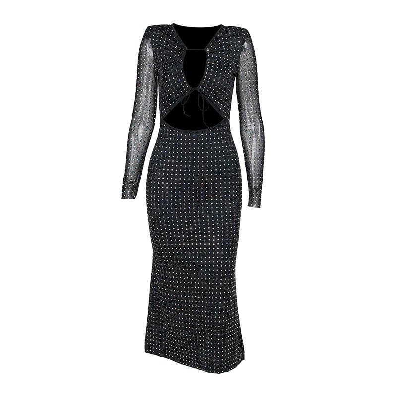 Polka dot contrast hollow out long sleeve mesh midi dress - View 2
