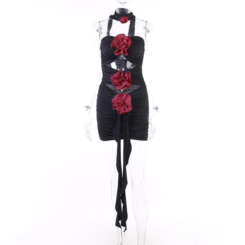 Flower Applique Strapless Cut Out Ruched Bodycon Mini Dress - View 3