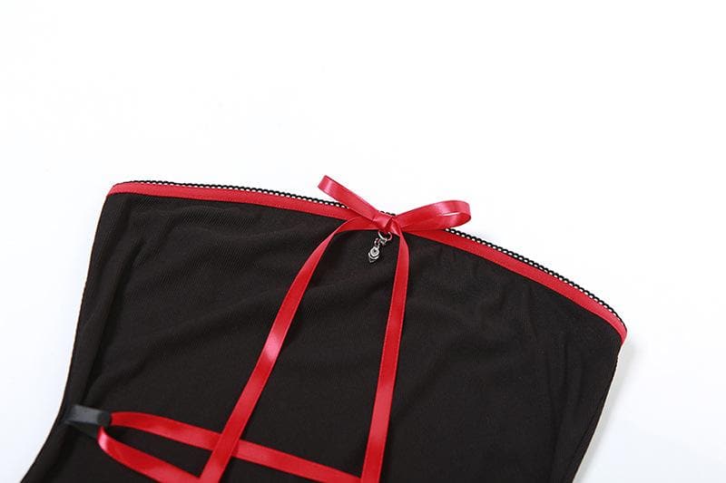 Lace up contrast lace hem bowknot backless tube mini dress - View 4