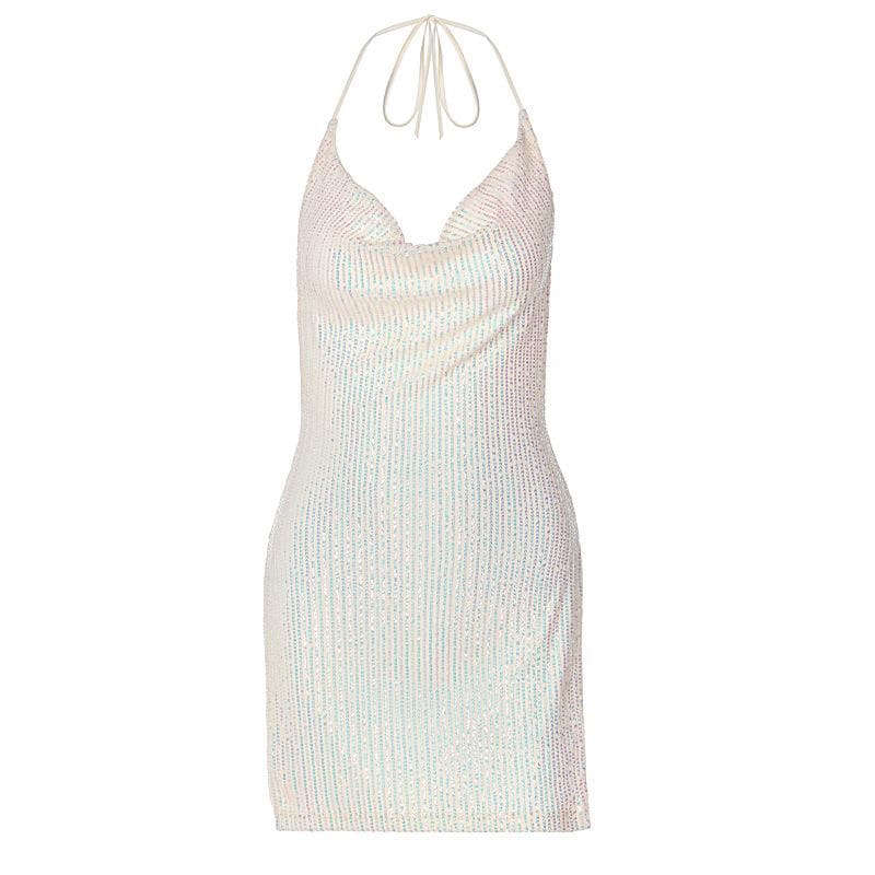 Glitter Cowl Neck Halter Backless High Split Bodycon Mini Dress - View 2