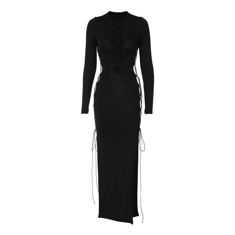 Long sleeve solid hollow out slit self tie lace up midi dress - View 8