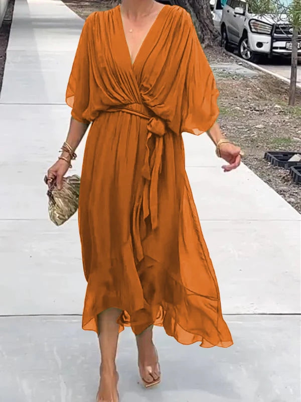Chiffon Deep V-Neck Batwing Sleeve Tie Waist Ruffle Hem Midi Dress - View 6