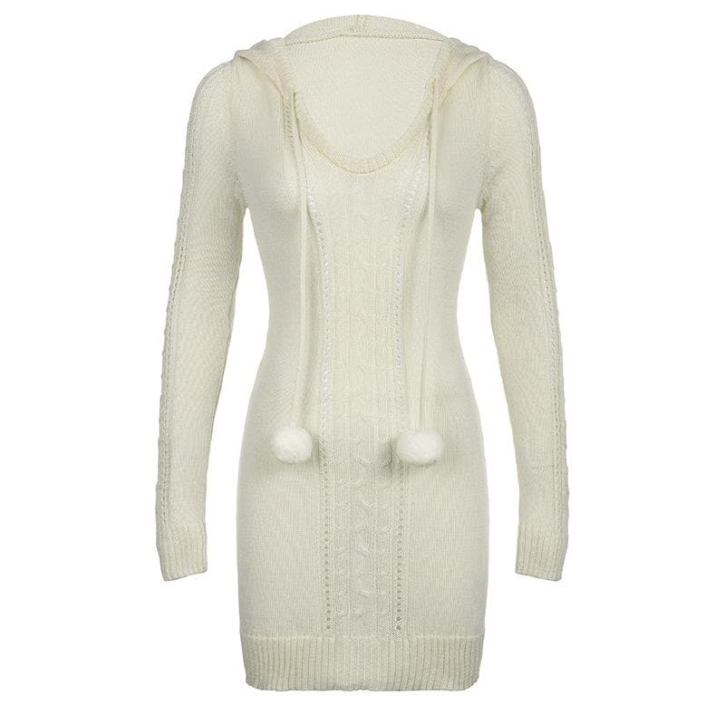 Crochet solid long sleeve hoodie v neck mini dress - Final Sale