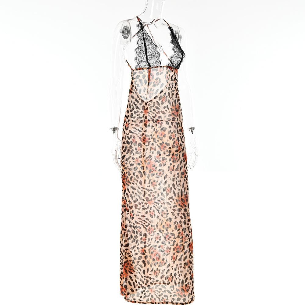 Cross back contrast leopard print v neck lace patchwork maxi dress - View 5