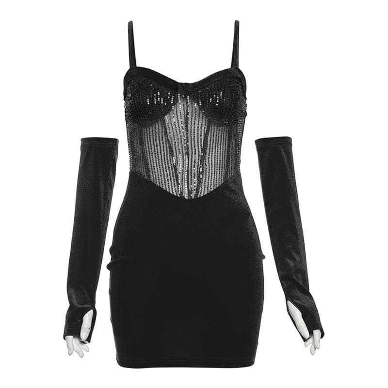 Sweetheart neck gloves velvet glitter mesh patchwork cami dress - View 10
