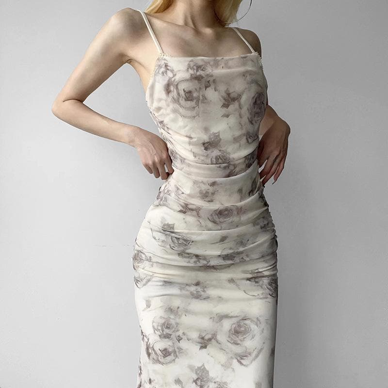 Floral Print Spaghetti Strap Ruched Mermaid Maxi Dress - View 2