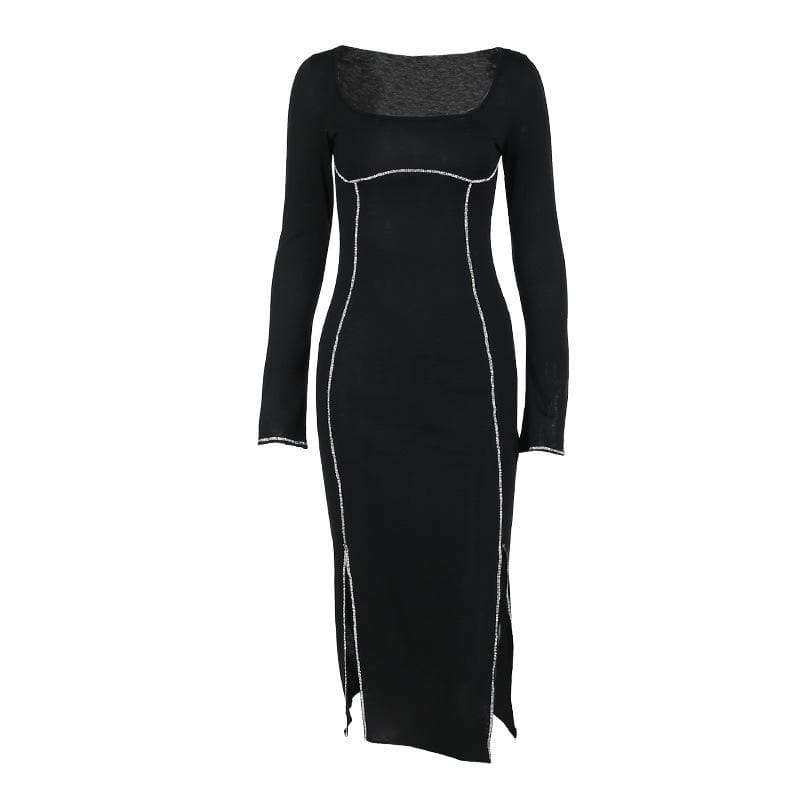 Beaded square neck slit long sleeve midi dress - View 2