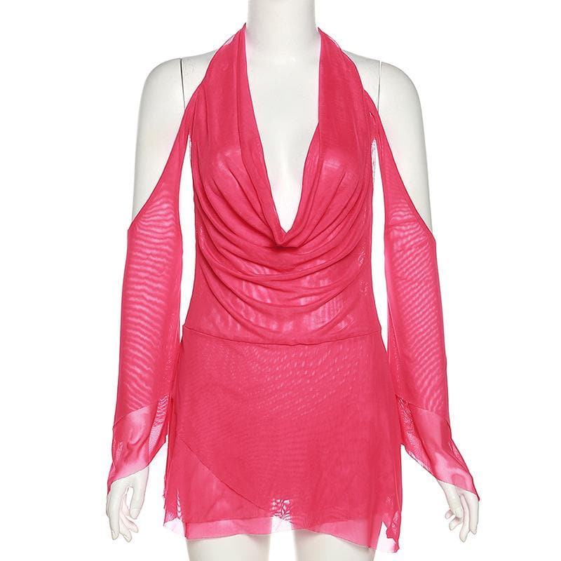 Mesh Cowl Neck Halter Long Sleeve Ruched Mini Dress - View 11