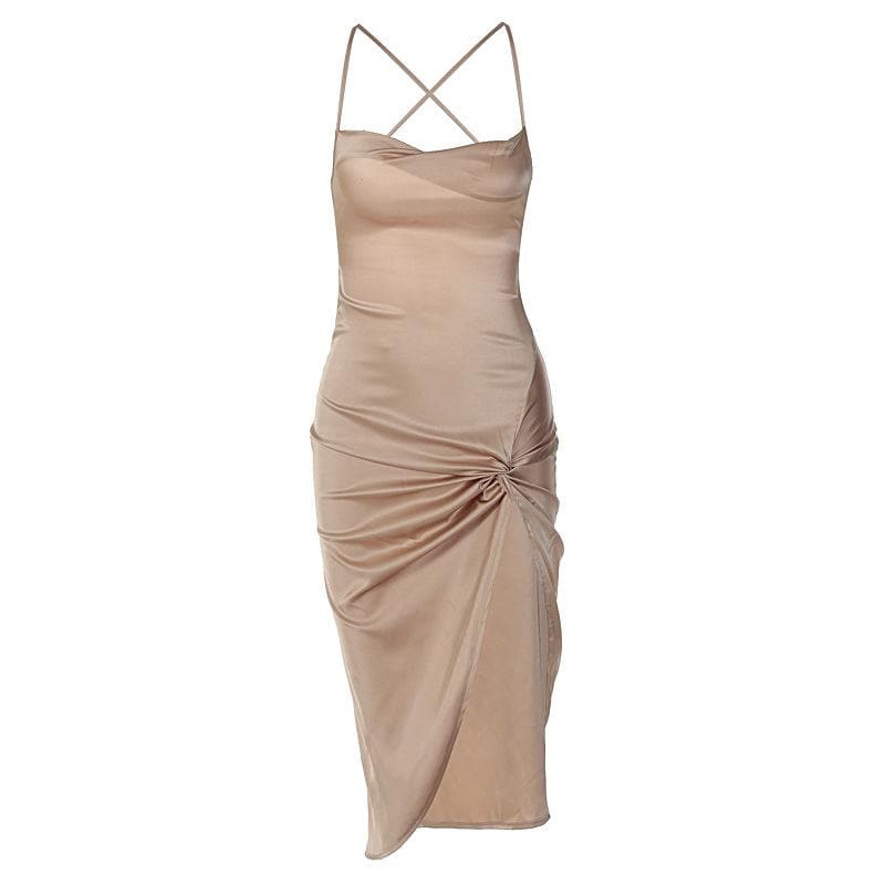 Sleeveless cross back cowl neck slit lace up self tie midi dress