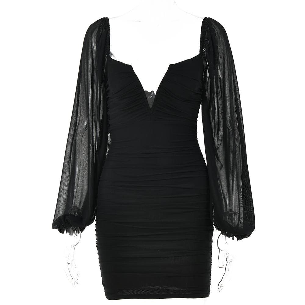 Mesh solid long sleeve ruched notch neck zip-up mini dress - View 6