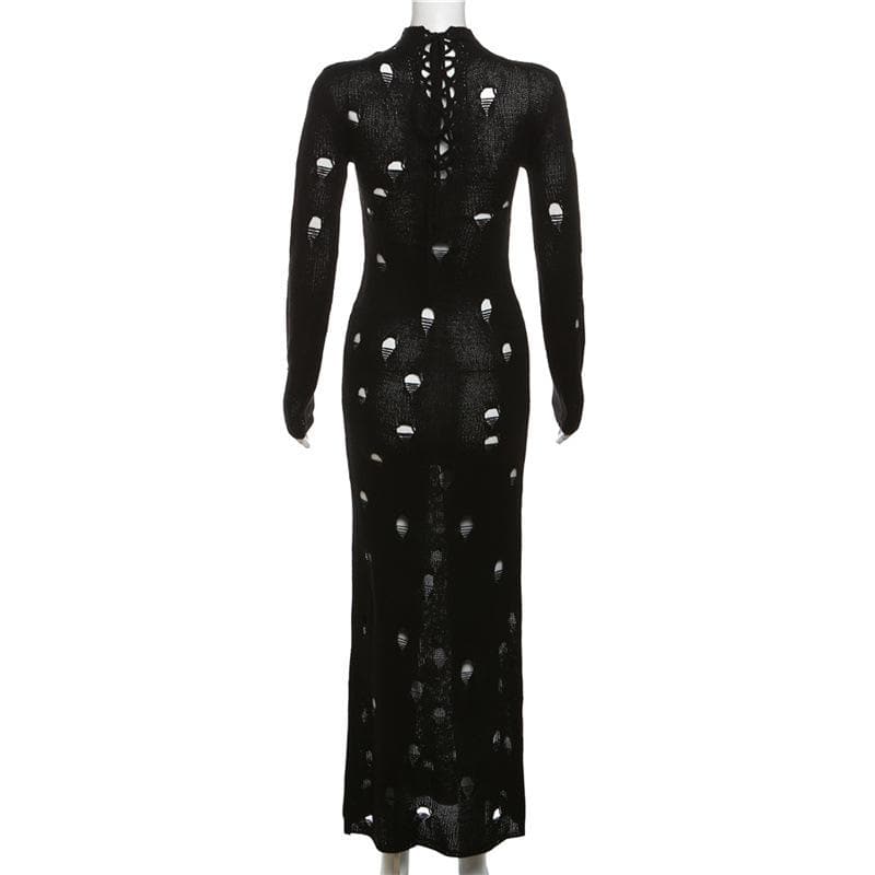 Crochet solid long sleeve high neck lace up maxi dress - View 3