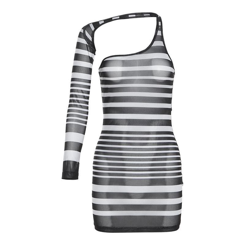 Irregular sheer mesh see through one shoulder striped mini dress - View 2