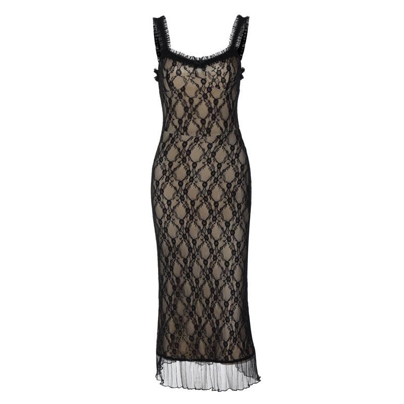 Lace hem contrast sleeveless low cut backless midi dress - View 2