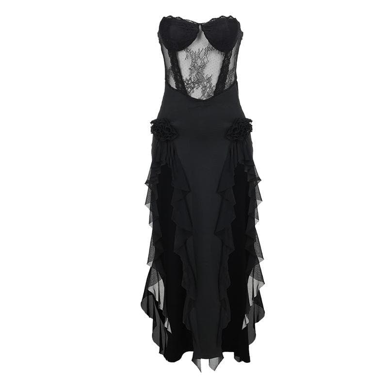 Lace Strapless Flower Applique Ruffle Backless Midi Dress