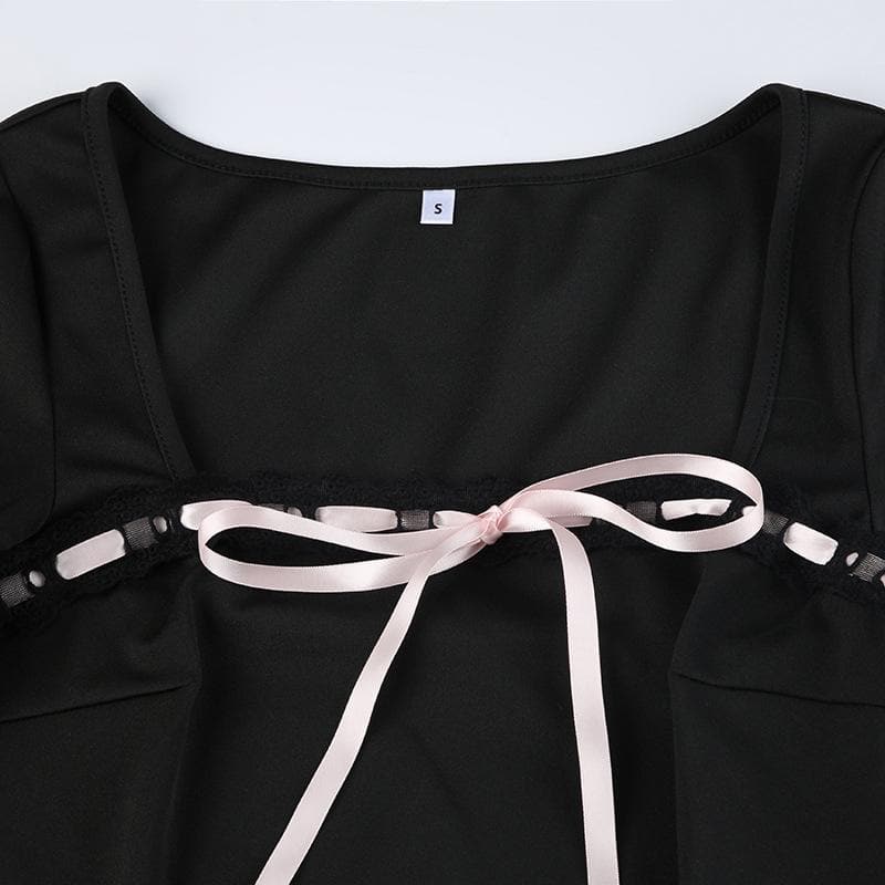 Lace hem square neck contrast long sleeve pleated mini dress - View 5
