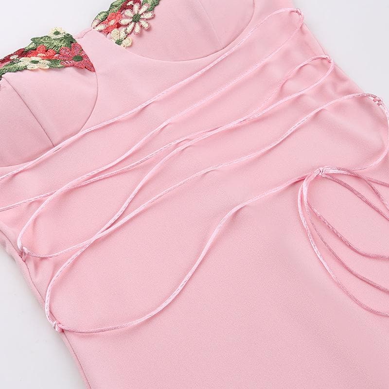 Floral Embroidery Sweetheart Lace Up Mermaid Maxi Dress - View 6