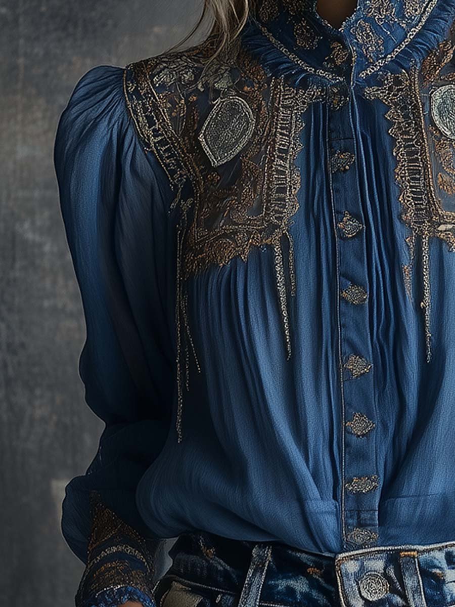 Regal Charm Embroidered Blue Lace Blouse - Fashionpara