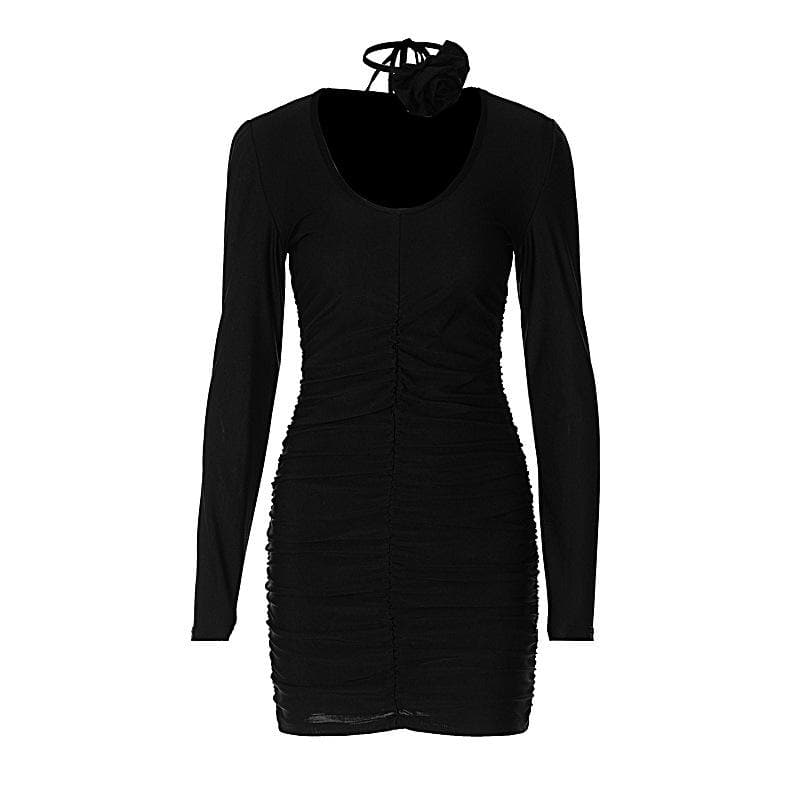 Scoop Neck Long Sleeve Ruched Rosette Bodycon Mini Dress