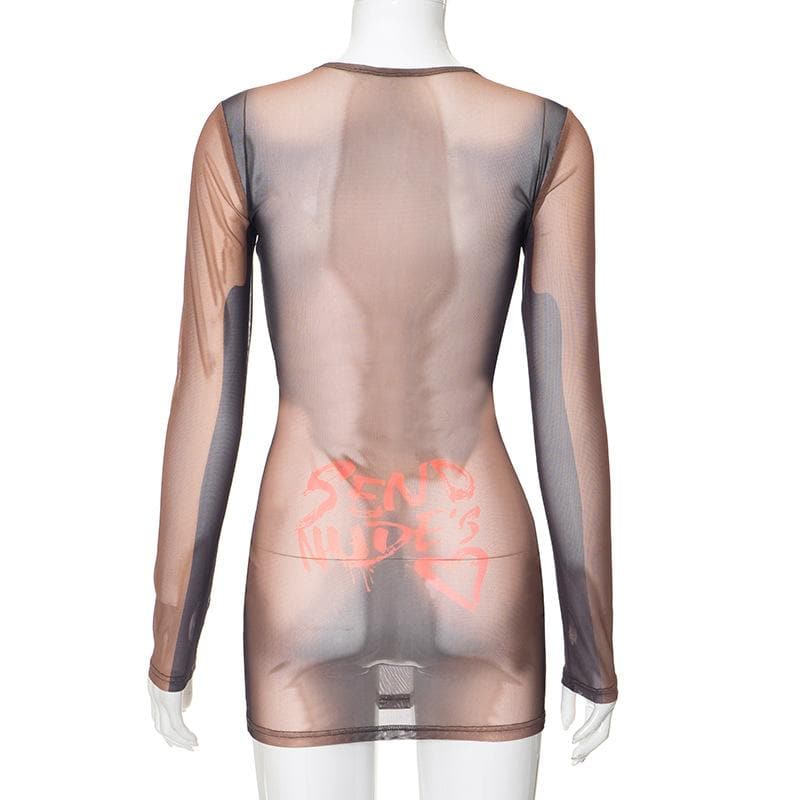 Long sleeve body print sheer mesh crewneck mini dress - View 3