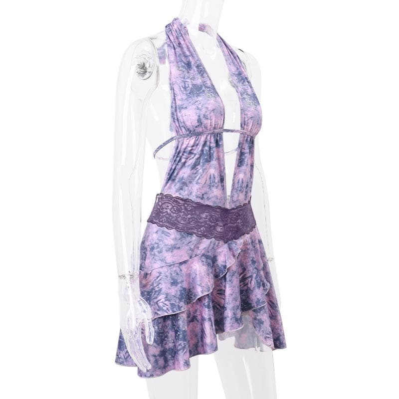 Tie Dye Halter Neck Lace Trim Ruffle Mini Dress - View 3