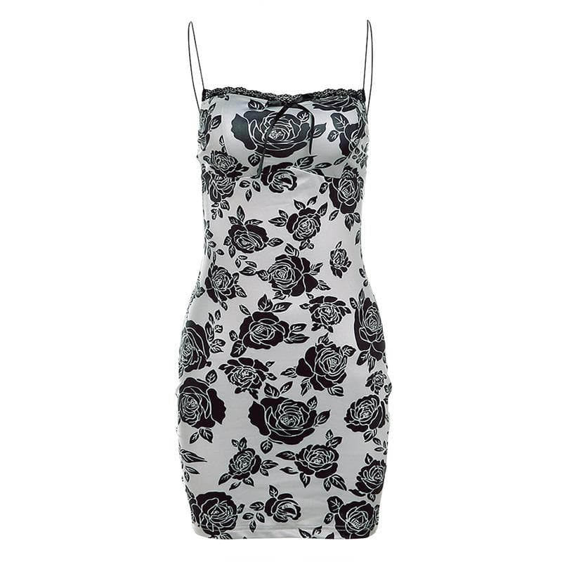 Rose print lace hem contrast spaghetti strap mini dress - View 2