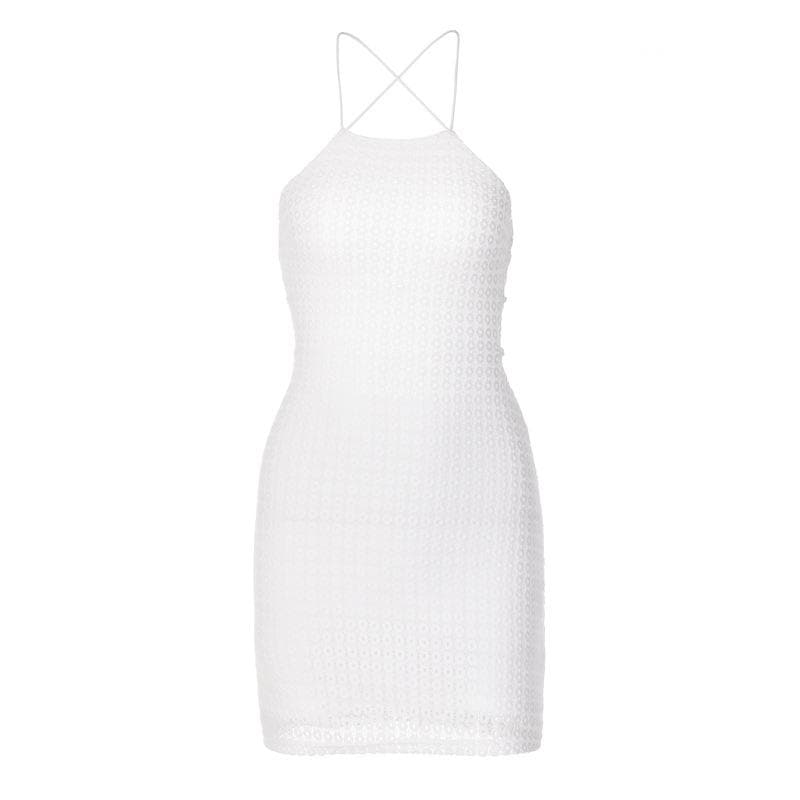 Textured cross back lace up solid backless mini dress - View 2