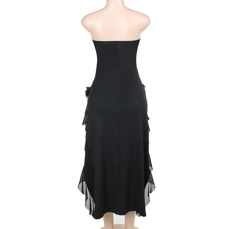 Lace Strapless Flower Applique Ruffle Backless Midi Dress - View 3