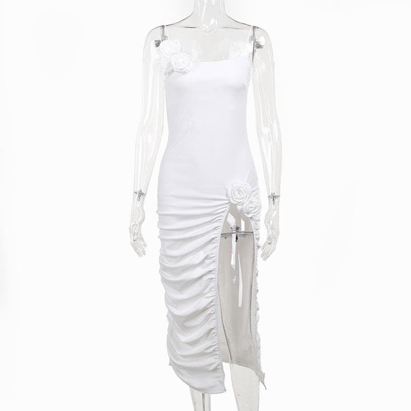 Square Neck Spaghetti Strap Flower Applique Ruched Maxi Dress - View 8