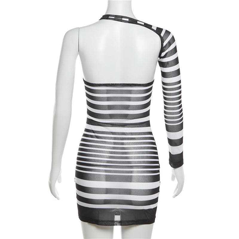 Irregular sheer mesh see through one shoulder striped mini dress - View 4