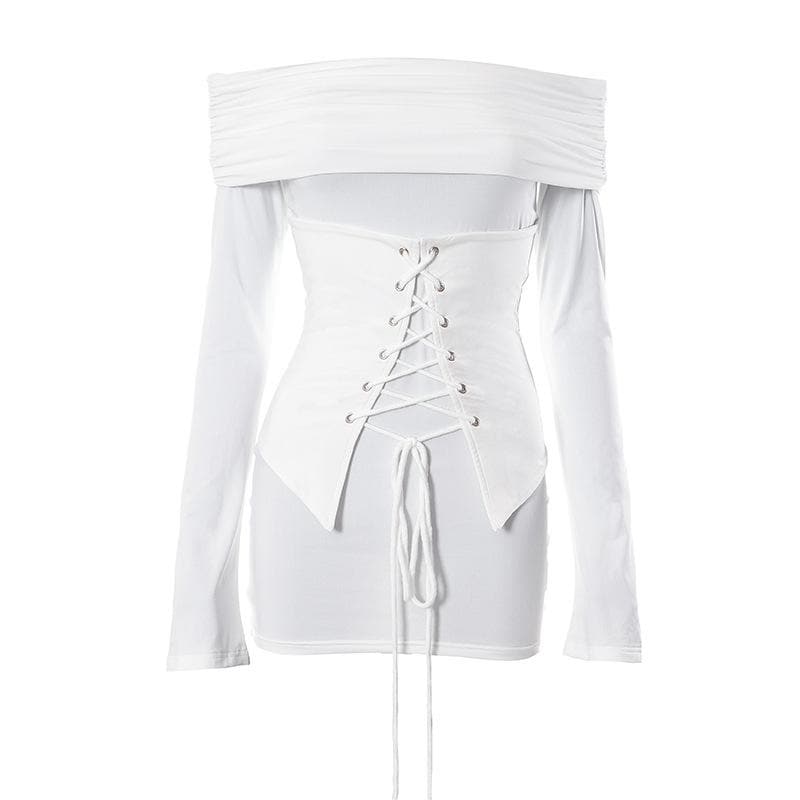 Lace up long sleeve off shoulder ruched solid mini dress - View 2