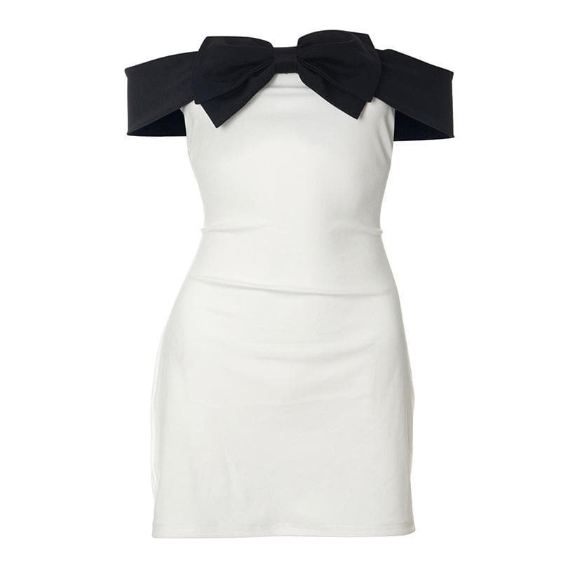 Bowknot applique contrast off shoulder backless mini dress - View 2