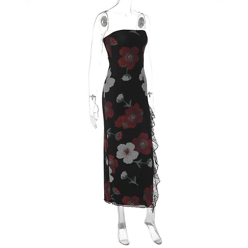 Floral Print Strapless High Split Ruffle Lace Trim Maxi Dress - View 3