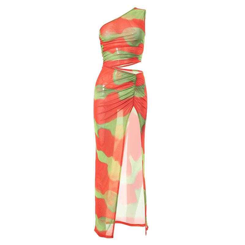 Irregular ruched slit sheer mesh see through tie dye maxi dress - View 2