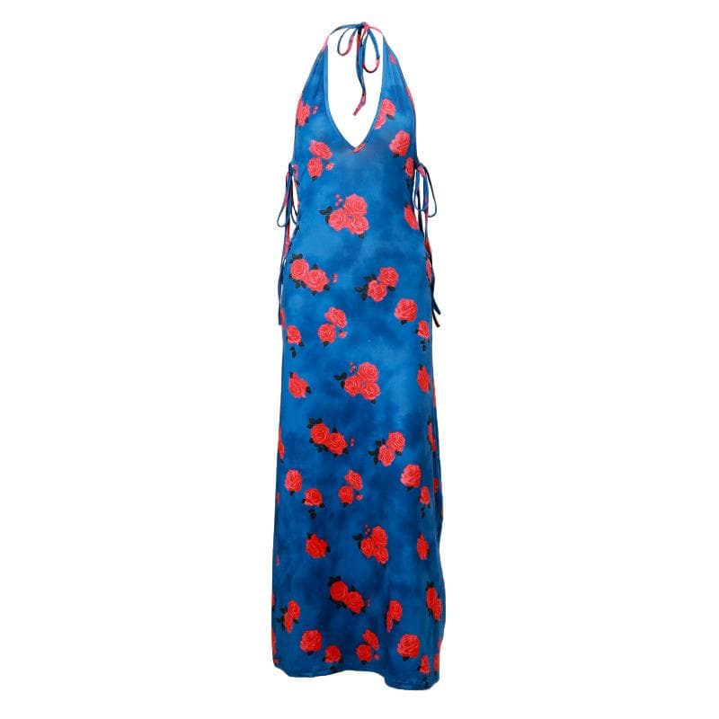 Floral Deep V-Neck Lace Up Backless Slip Maxi Dress - View 2