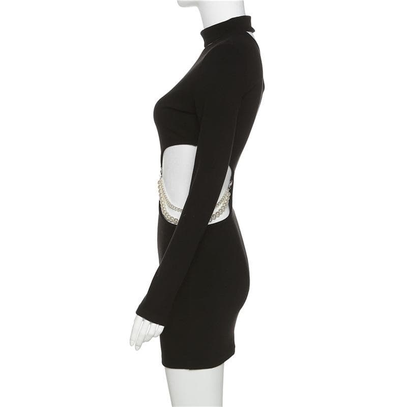 Mock Neck Long Sleeve Asymmetric Shoulder Bodycon Mini Dress - View 3
