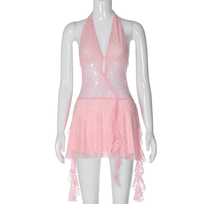 Lace Halter Deep V-Neck Ruffle Mini Dress - View 4