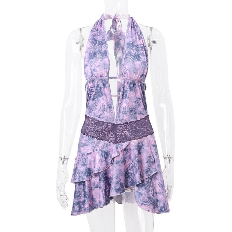 Tie Dye Halter Neck Lace Trim Ruffle Mini Dress - View 8