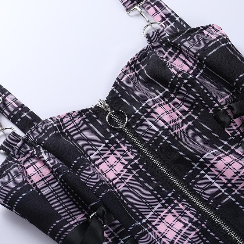Plaid zip-up contrast sleeveless lace up backless mini dress - View 8