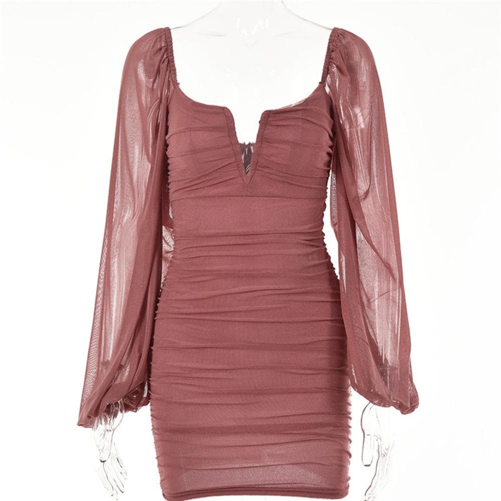 Mesh solid long sleeve ruched notch neck zip-up mini dress - View 16