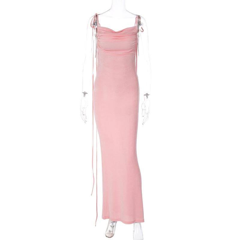 Ruched solid lace up backless cowl neck maxi dress - View 4