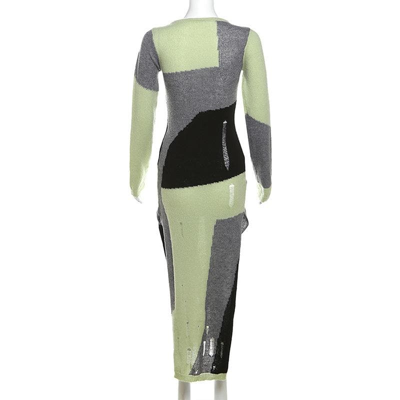 Hollow out crochet long sleeve contrast slit midi dress - View 3