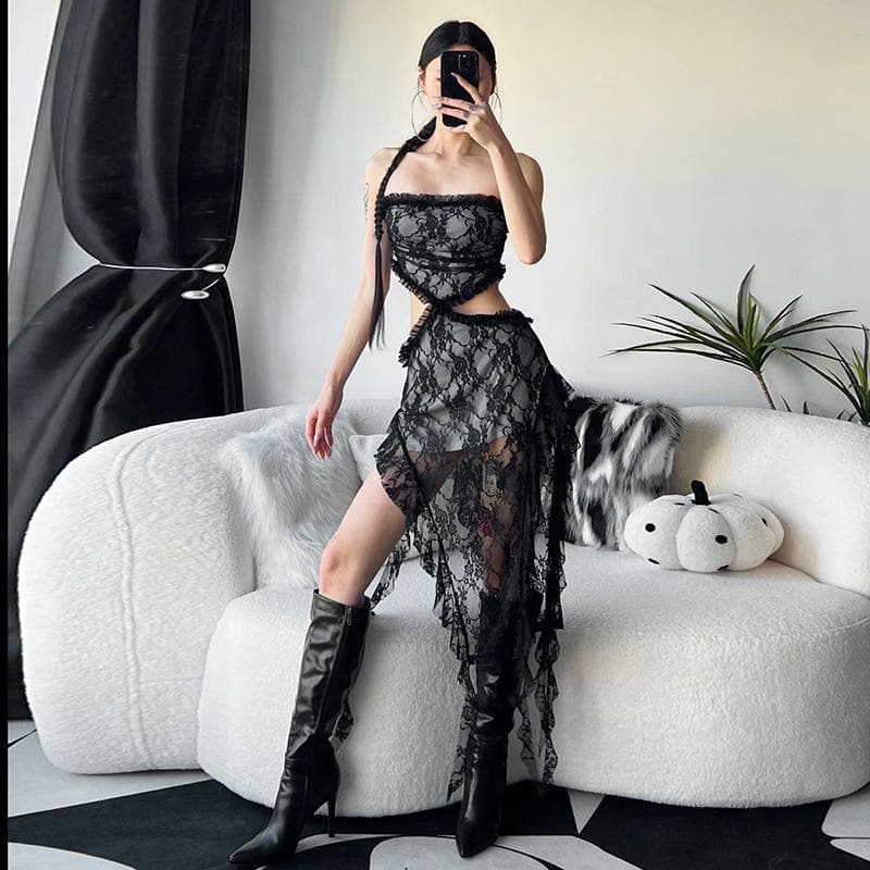 Lace ruffle solid slit hollow out backless tube midi dress - View 3
