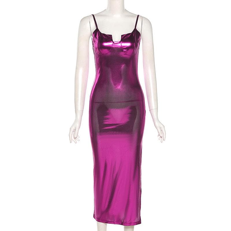 Metallic notch neck slit backless cami midi dress - View 2