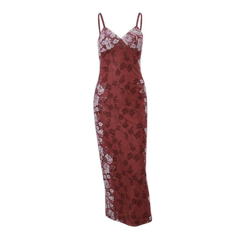 Floral Print V-Neck Spaghetti Strap Bodycon Maxi Dress - View 2