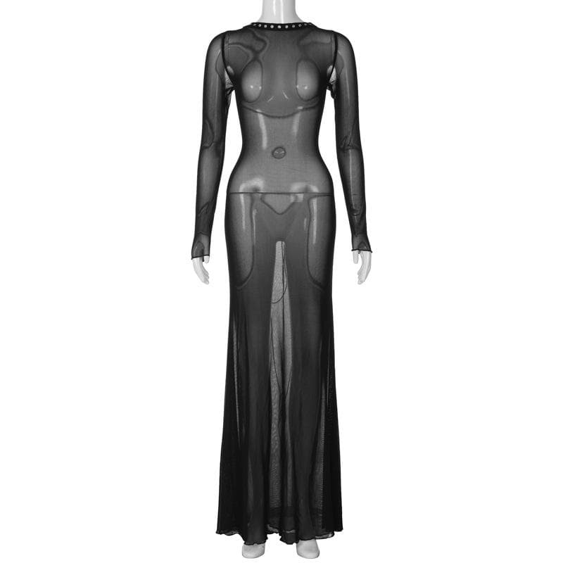 Long sleeve lace up sheer mesh see through maxi dress - View 2