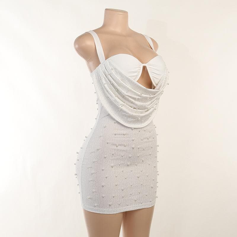 Sleeveless solid ruched beaded hollow out backless dress - View 4